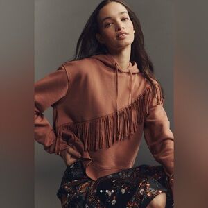 Anthropologie Pilcro Fringe Hooded Sweatshirt Mink Blush, size L, like new!